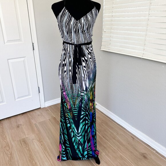 MEEK Halter Ombre Maxi Dress with Zebra Pattern and Tropical Print, Large - Picture 1 of 16